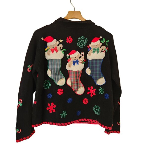 Vintage Ugly Christmas Sweater Cardigan Embroidered Teddy Bears Winter Cute - Picture 3 of 9